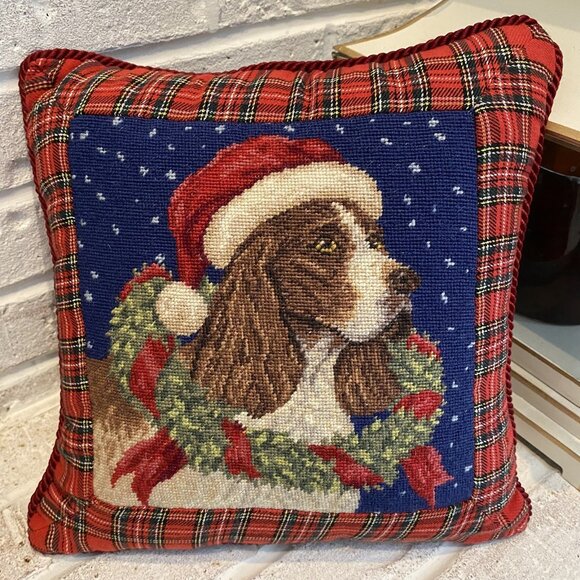 Spaniel Christmas - Needlepoint Plaid Tartan Pillow - Good Dog - Picture 4 of 4